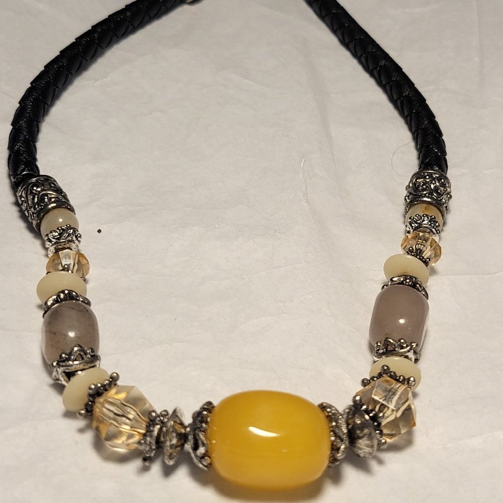 Vintage Fashion Necklace with Faux Leather , Beads, and Crystals